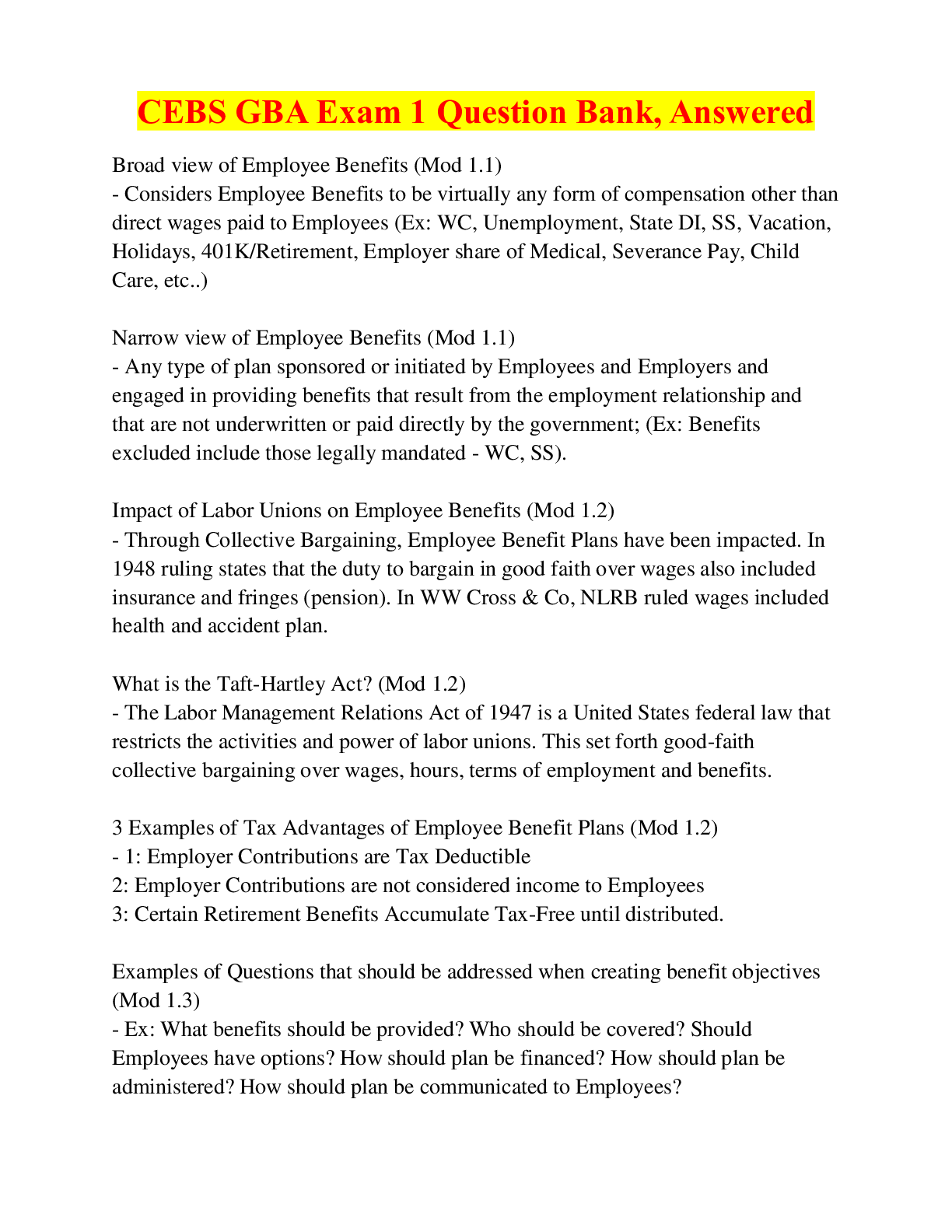 CEBS GBA Exam 1 Question Bank, Answered Browsegrades